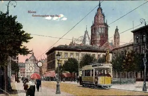 Ak Mainz am Rhein,  Gutenbergplatz, Dom, Straßenbahn, Architektur, Menschen
