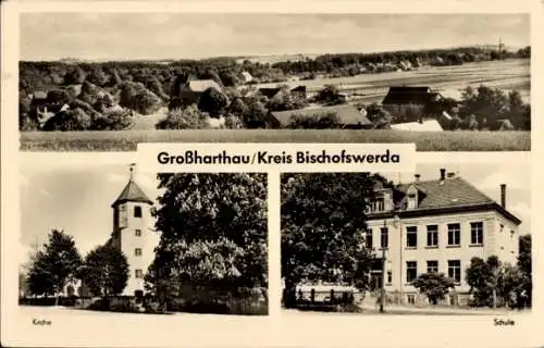 Ak Großharthau in Sachsen, Kirche, Schule, Landschaft