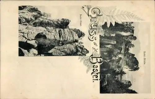 Ak Lohmen Sächsische Schweiz, Bastei, Bastei Brücke, Bastei Felsen, Gruss von, schwarz-weiß