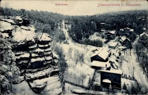 Ak Königstein an der Elbe Sächsische Schweiz, Rodelbahn, Schweizermühle, verschneite Landschaf...