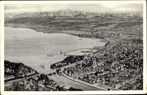 Ak Konstanz am Bodensee, Landschaft mit See, Stadtansicht, Berge im Hintergrund, Schiffe