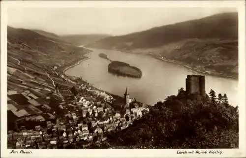 Ak Lorchhausen Lorch am Rhein Hessen, Landschaftsaufnahme, Rhein, Ruine Nollig, Ort Lorch, his...
