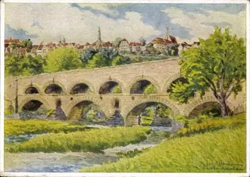 Künstler Ak Hellmann, J., Rothenburg ob der Tauber Mittelfranken, Doppelbrücke, Ort