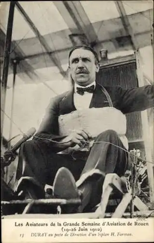 CPA Les Aviateurs de la Grande Semaine d'Aviation de Rouen 1910, Duray, biplan H. Farman