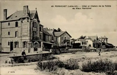 Ak Pornichet Loire Atlantique, Hôtel et Chalets de la Pointe, Strandpromenade, Meerblick