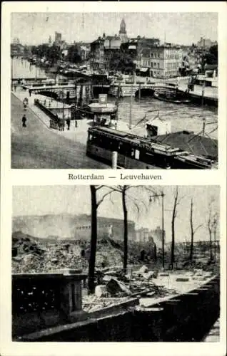 Ak Rotterdam Südholland Niederlande, Blick auf Leuvehaven, Schiffe, Architektur, Zerstörung nach 