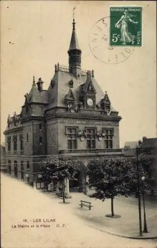 Ak Les Lilas Seine Saint Denis, Städtisches Gebäude, Uhrenturm, Bäume, Parkbank, Poststempel