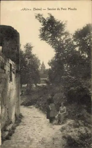Ak Dugny Seine Saint Denis, JUGNI (Seine), Sentier du Petit Moulin, Parkweg mit Natur und Figuren