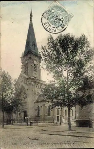 Ak Pantin Seine Saint Denis, Eglise des Quatre-Chemins, Kirchturm, Allee