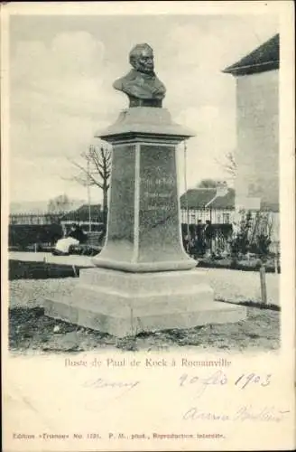 Ak Romainville Seine Saint Denis, Büste von Paul de Kock, Park mit Statue,  
