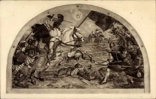 Ak Bohosudov Mariaschein Region Aussig, Ritterliche Schlacht mit Pferden, Krieger, Banner,  Szene