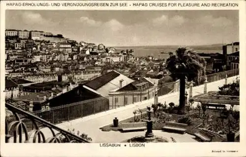 Ak Lisboa Lissabon Portugal, HAPAG Cruise Werbung, Stadtansicht  Palmen, Terrassen, Tejo