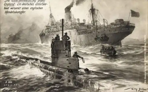 Künstler Ak Stöwer, Willy, Deutsches U Boot, Unterseeboot versenkt einen englischen Handelsdampfer