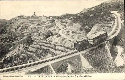 Ak La Turbie Alpes Maritimes, chemin de fer a cremaillere, Zahnradbahn