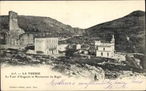 Ak La Turbie Alpes Maritimes, La Tour d'Auguste, Restaurant du Righi, Gebäude, Landschaft