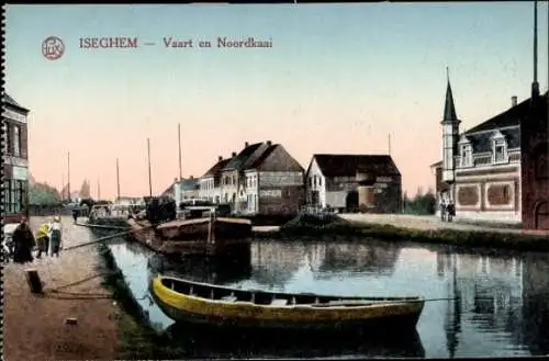 Ak Izegem Iseghem Westflandern, Blick auf den Kanal, Boote, Häuser, Spätnachmittag, ruhige Wasser