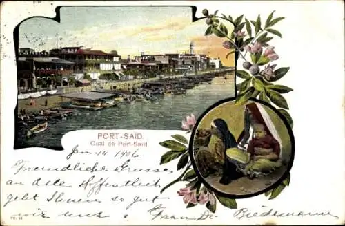 Ak Port Said Ägypten, Blick auf Quai de Port-Saïd, Schiffe, Blumengarten