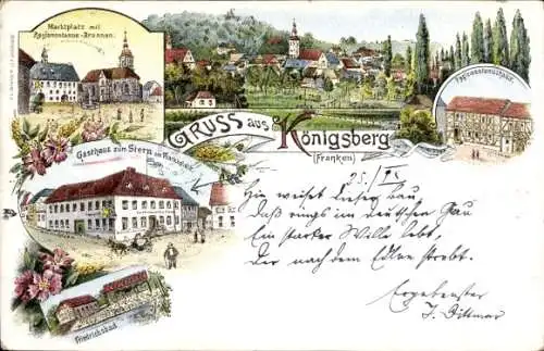 Litho Königsberg in Franken, Marktplatz, Regiomontanus-Brunnen, Gasthaus zum Stern, Friedrichsbad
