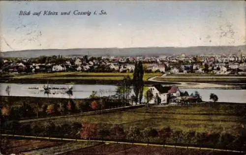 Ak Kötitz Coswig in Sachsen, Stadtansicht, Fluss, Hügel,  