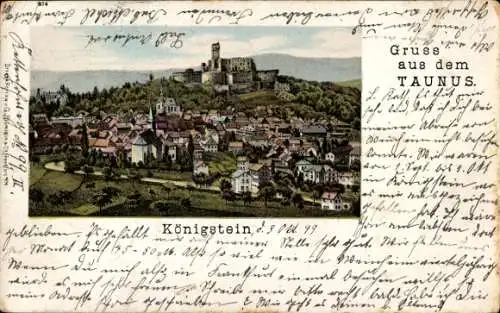 Litho Königstein im Taunus, Gesamtansicht mit Ruine