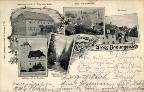 Ak Großbodungen im Eichsfeld Thüringen, Teilansicht, Kirchberg, Gasthof zum Adler, Schloss