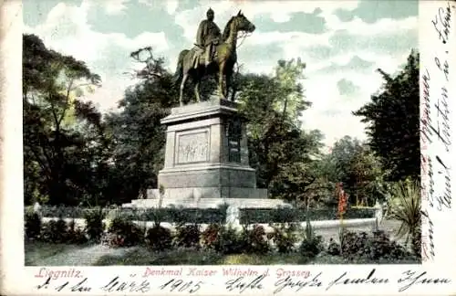 Ak Legnica Liegnitz Schlesien, Denkmal Kaiser Wilhelm, Statue auf Pferd, 