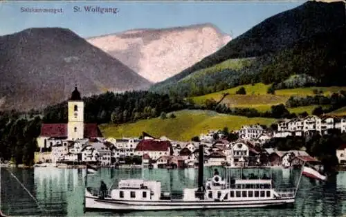 Ak St. Wolfgang am Wolfgangsee Oberösterreich, Sehenswerte Berglandschaft, Kirche, Dampfschiff, S