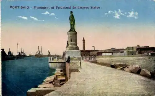 Ak Port Said Ägypten, Monument von Ferdinand de Lesseps, Hafenansicht, Statue