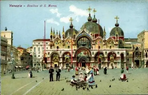 Ak Venezia Venedig Veneto, Basilica di San Marco, Touristen, Tauben, Architektur