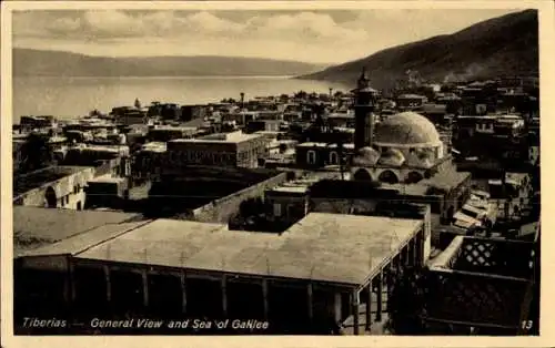 Ak Tiberias Israel, Blick auf  See Genezareth,  Gebäude, 13