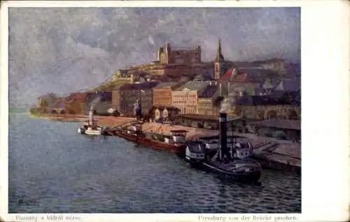 Ak Pozsony Pressburg Bratislava Slowakei, Szene eines Flusses mit Dampfschiffen, Bergfestung im H
