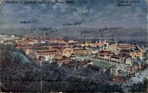 Ak Praha Prag Tschechien, Jubiläumsausstellung, 1908, Gesamtansicht, Leuchtende Illumination, Ind