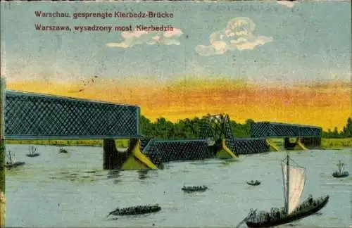 Ak Warszawa Warschau Polen, Kierbedz-Brücke, Gesprengte Brücke,  Flusslandschaft, Boote