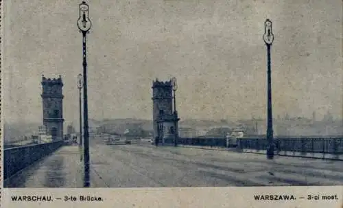 Ak Warszawa Warschau Polen, Drei Türme, Brücke, Straßenlaternen,  Ansicht