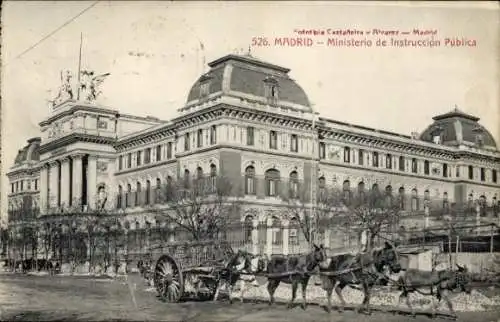 Ak Madrid Spanien, Ministerio de Instrucción Pública,  Gebäude, Pferdewagen