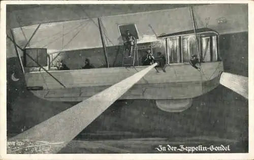 Künstler Ak In der Zeppelin Gondel, Flutlichter, Nacht, Luftschiff