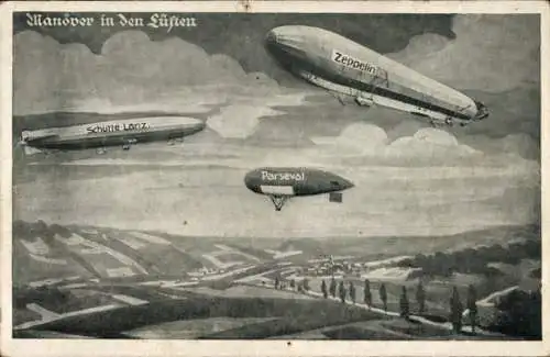 Ak Manöver in den Lüften, Schütte Lanz, Zeppelin, Parseval, Deutscher Luftflotten Verein