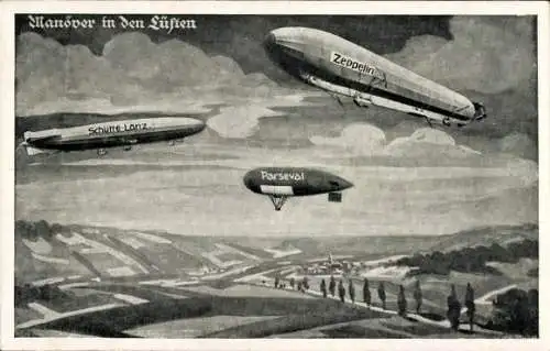 Ak Manöver in den Lüften, Schütte Lanz, Zeppelin, Parseval, Deutscher Luftflotten Verein