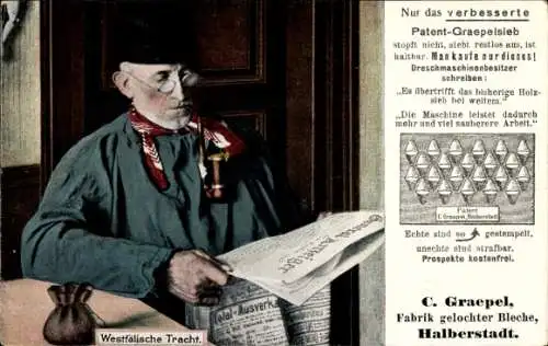 Ak Westfälische Tracht, Zeitung, Fabrik C. Graepel, Halberstadt, Sieb