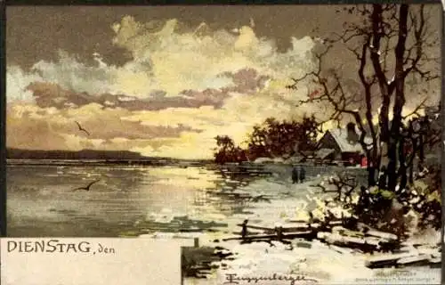 Künstler Litho Tuggenberger, Dienstag, Wintergrüße, Flussufer, Eis