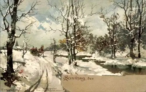 Künstler Litho Guggenberger, Thomas, Allegorie, Sonntag, Wintergrüße, Schlittengespann
