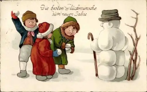 Ak Glückwunsch Neujahr, Schneemann, Kinder