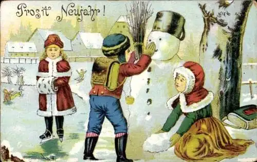 Ak Glückwunsch Neujahr, Kinder bauen einen Schneemann, Mädchen auf Schlittschuhen
