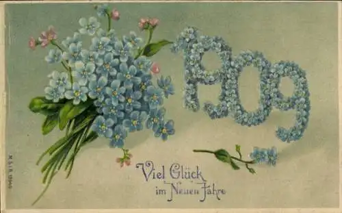 Präge Ak Glückwunsch Neujahr, Jahreszahl 1909, Vergissmeinnicht