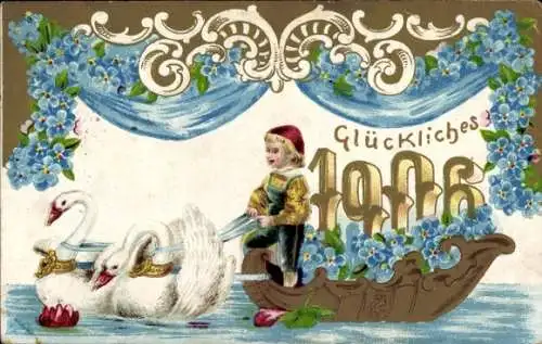 Präge Ak Glückwunsch Neujahr, Jahreszahl 1906, Vergissmeinnicht, Schwäne