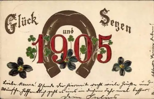 Präge Ak Glückwunsch Neujahr 1905, Glücksklee, Veilchen, Hufeisen