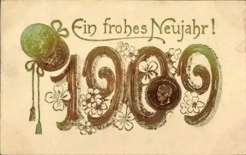 Präge Ak Glückwunsch Neujahr, Jahreszahl 1909, Klee, Münzen