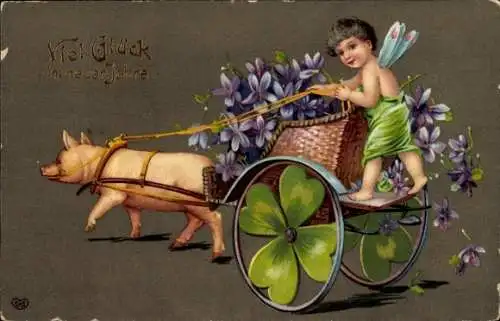 Präge Ak Glückwunsch Neujahr, Kleeblatt, Schwein