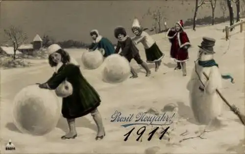 Ak Glückwunsch Neujahr, Kinder, Schneemann