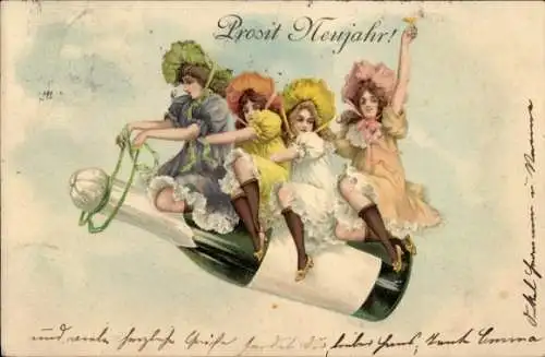 Litho Fröhliches Neujahr, Vier junge Frauen fliegen auf einer Sektflasche